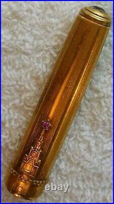 Antique Fountain Pen With Genuine Ruby And Topaz Gold Cap With Castle And Wall