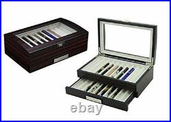 Executive Double Drawer Wooden Grain 20 Fountain Pen Collector Organizer Box NEW