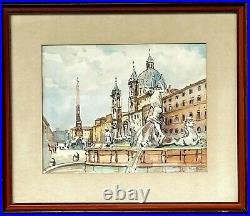 Famous Trevi Fountain Rome Italy Original Watercolor and Pen Painting Signed