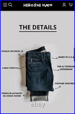 HIROSHI KATO Selvedge Denim Jeans 34x31 The Pen Slim Gray Raw Stretch USA MADE