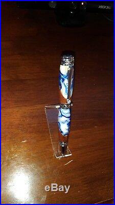 Hand Made Fountain Pen, Ice Blue and Angelique Wood w Rhodium and Black Titanium