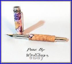 HandMade Writing Pen Fountain Wooden Pen Resin & Maple Burl Wood SEE VIDEO 872