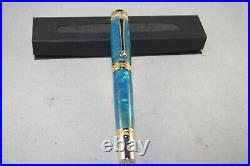 Handmade Caribbean Blue Majestic Rollerball Pen with Rhodium & 22KT Gold Plated