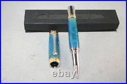 Handmade Caribbean Blue Majestic Rollerball Pen with Rhodium & 22KT Gold Plated