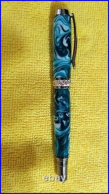 Handmade Rollerball Pen Spring Green and White Mica Pearl with Leaves