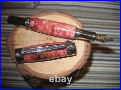 Handmade Titanium & Rhodium Cambridge Fountain pen in Dyed Red Box Elder Burl
