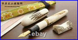 Handmade Wooden Fountain Pen Deer Horn Nib F 14K with Nishijin Ori Case New