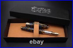 Harlequin Resin Fountain Pen 925 Solid Silver German Bock Nib B Point Blue Ink