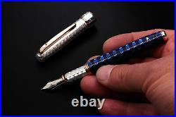 Honeybee Fountain Pen 925 Solid Silver Bock Nib Broad Point Blue Ink Cartidges