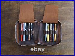 Leather 10-Slot Pen Case, Handmade Zippered Pencil Pouch, Fountain Pen Case