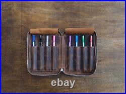 Leather 8-Slot Pen Case, Zippered Pencil Bag Pouch, Fountain Pen Case, Tobacco