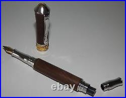 New Artisan Handmade Black Walnut Fountain Pen Rhodium And Gold Plated Accents