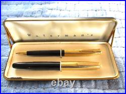 Vintage Black & Gold Waterman's Fountain Pen & Mechanical Pencil Set 14k Nib