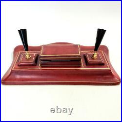 Vintage LEATHER WRAPPED Solid Wood Fountain Pen Stand Holder Desk Set Handmade
