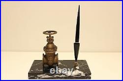 Vintage Rare Desk Marble Fountain Pen Stand + Moving Brass Oil Gaz Water Valve
