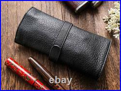 Wancher Japan Genuine Leather Handmade Fountain Roll Pen Case 5 Pens Black