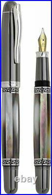 Xezo Maestro Black MOP Tungsten FPL Handmade Platinum Plated Medium Fountain Pen